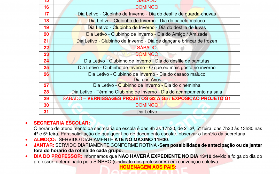 CRONOGRAMA MENSAL- JUlHO