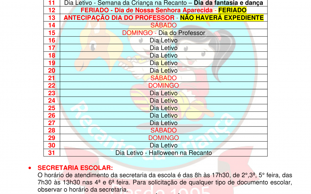 CRONOGRAMA MENSAL- OUTUBRO