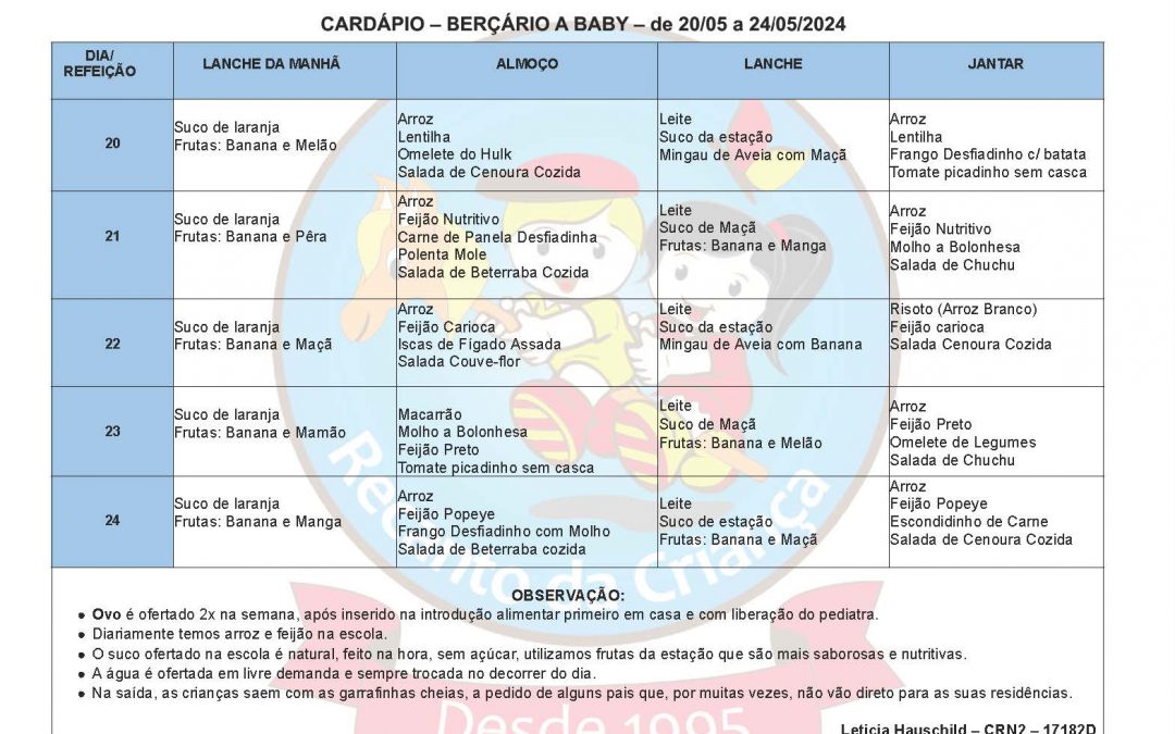 CARDAPIO- BERÇARIO A BABY – 20-05