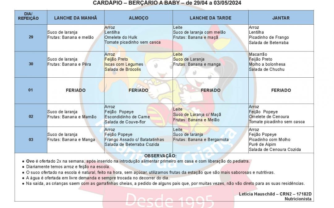 CARDAPIO – BERÇARIO A BABY – 29.04 a 03.05