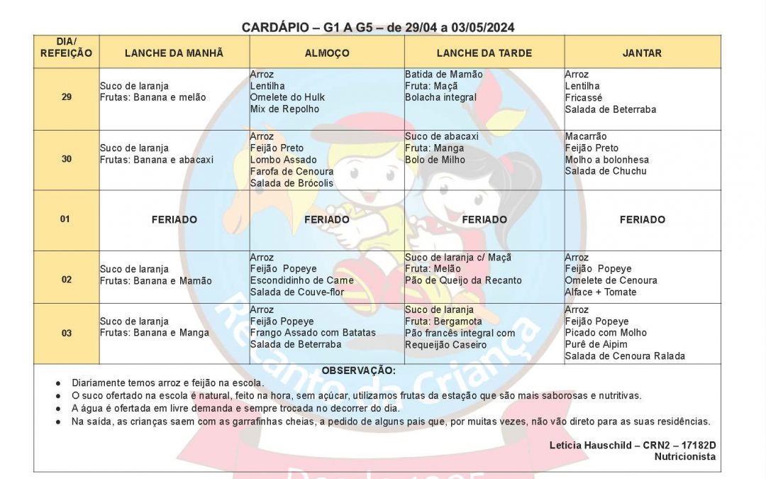 CARDAPIO – G1 – G5 – 29.04 a 03.05