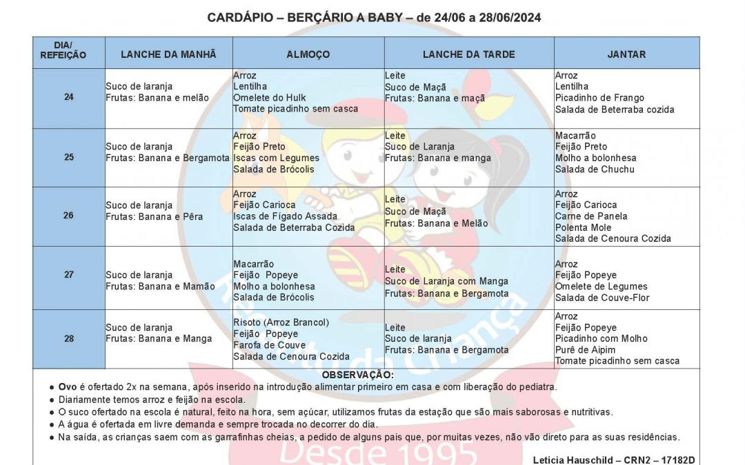 CARDÁPIO- BERÇARIO A BABY –  24 a 28.06