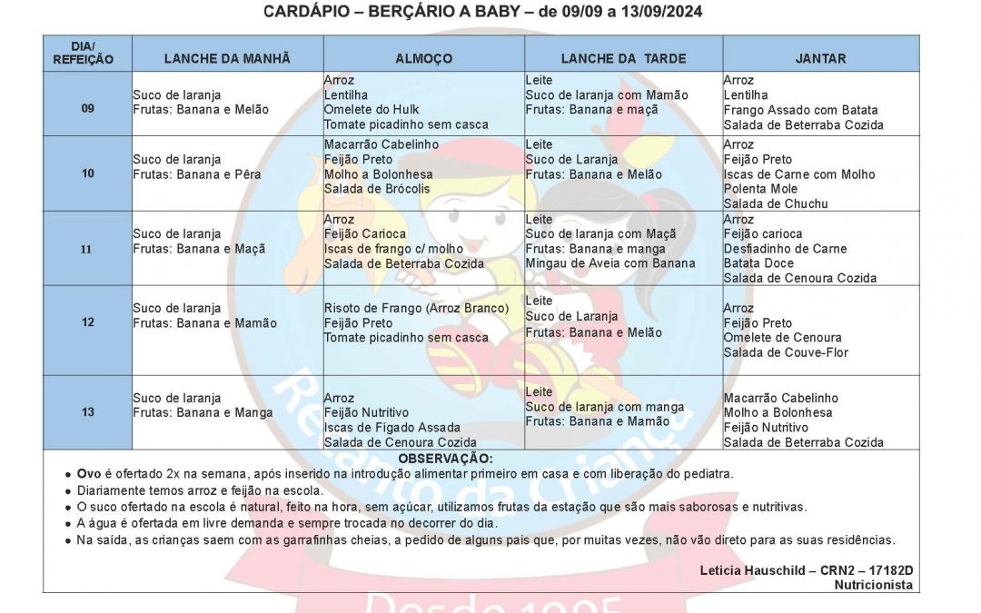 CARDAPIO- BERÇARIO A G1 BABY- 09 a 13.09