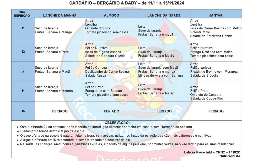 CARDAPIO- BERÇARIO A BABY – 11 a 14.11