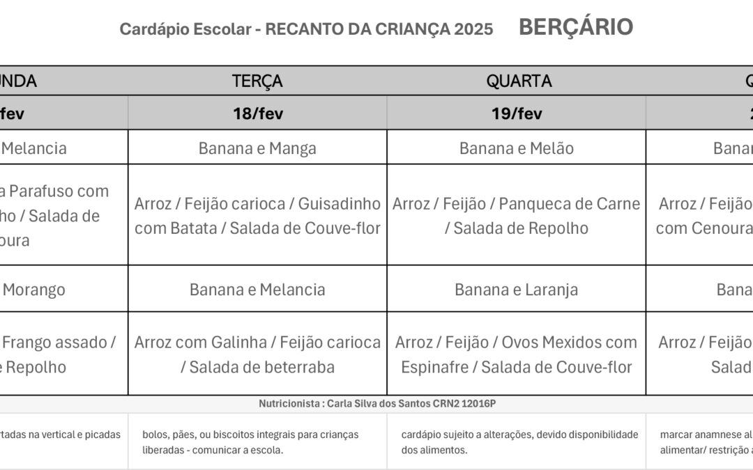 Cardápio Recanto da Criança – Berçário